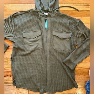 Maurices Olive Green soft Waffle weave hooded Cardigan sz large~Nwt’s